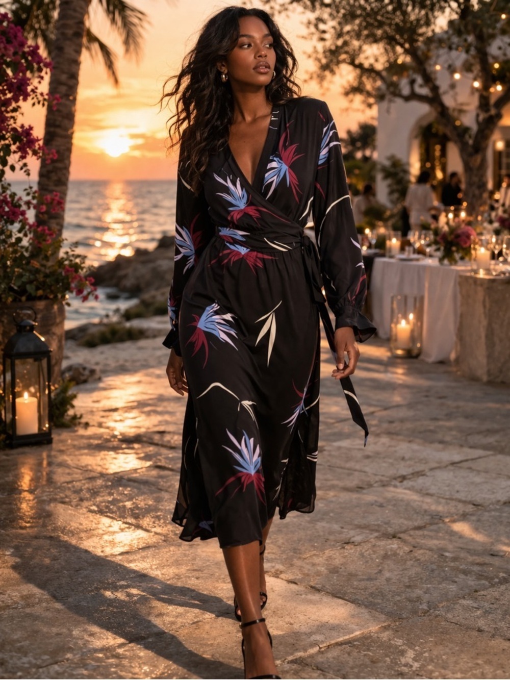 YAYA Wrap Midi Dress Black Floral Long Sleeve Size 44 Boho Casual Chic Vacation